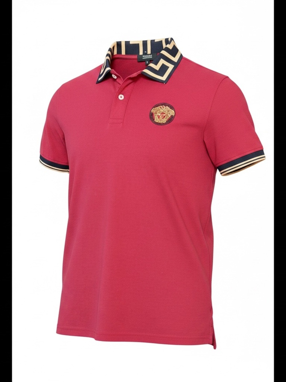 Versace Pink Short-Sleeve Polo with Geometric Contrast Collar
